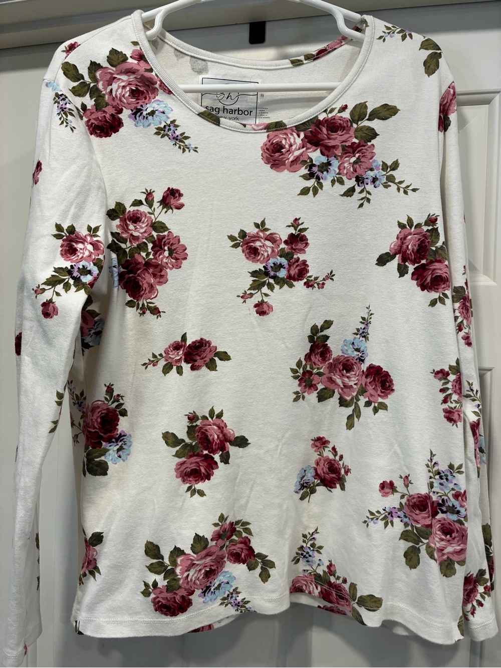 Sag Harbor White Long-Sleeve Top with Pink Rose Floral Print